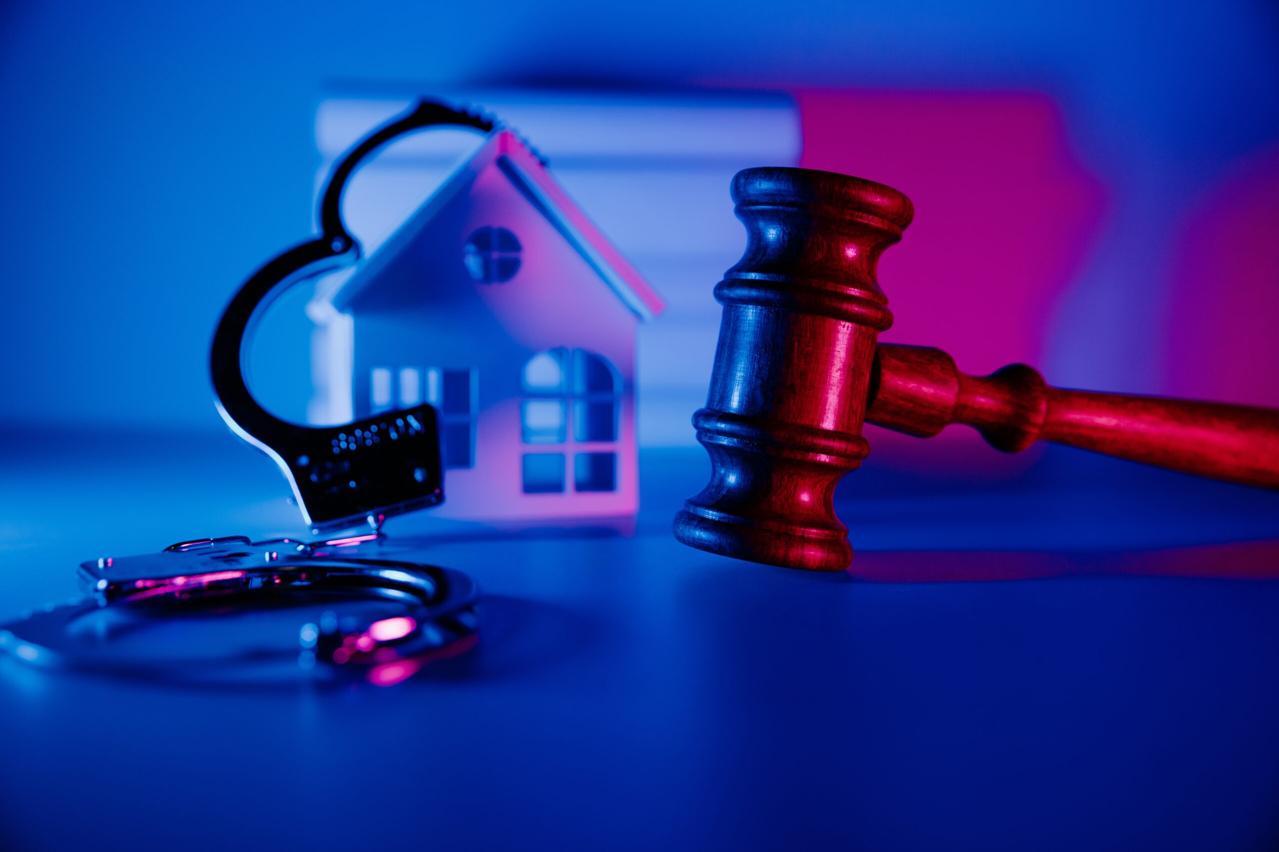 Toy house depicted with handcuffs and a gavel indicating fraud.